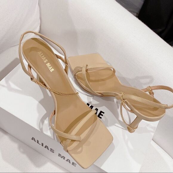 Revolve Alias Mae Leather Strappy Chain Levi Sandal Heels Beige Size 38 US8 - Picture 7 of 12